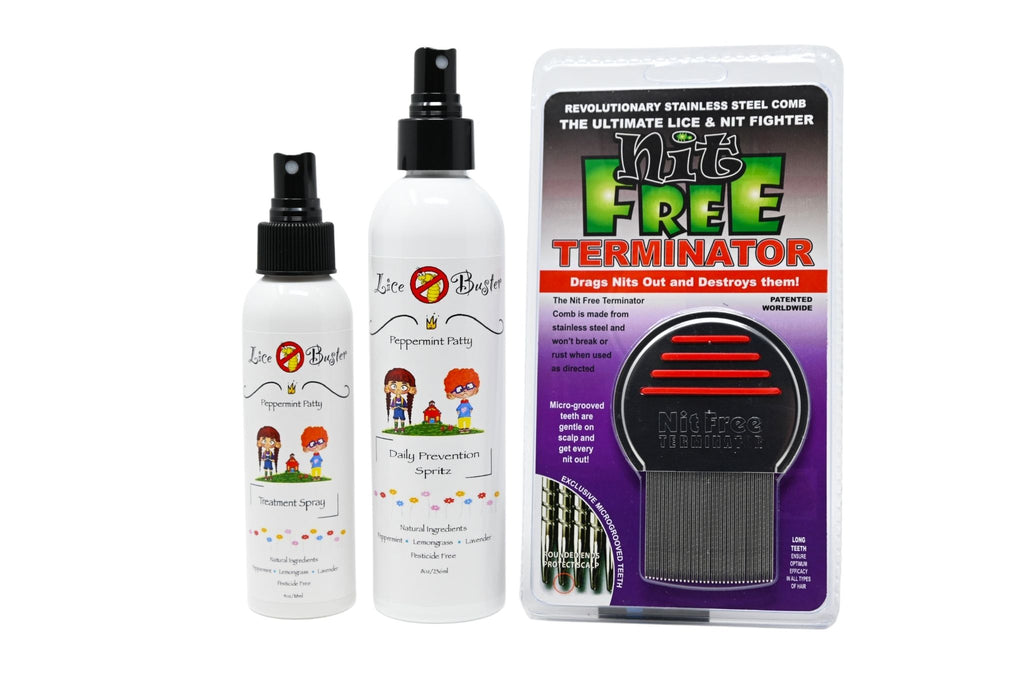Lice Buster Head lice treatment kit includes 4oz bottle Head Lice Treatment, 8oz bottle Peppermint Prevention Spray, Nit Free Terminator Lice Comb