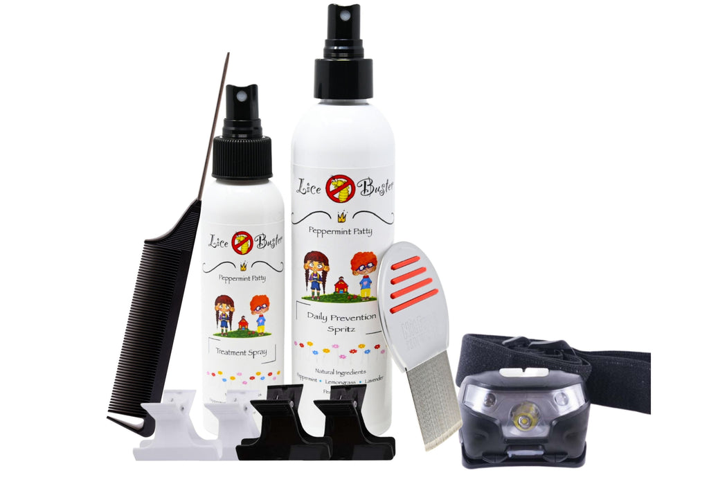 Lice Buster head lice treatment kit includes Lice Treatment shampoo head, lice prevention spray, butterfly clips, headlight, terminator lice and nit comb, tail comb
